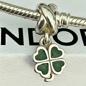 Authentic Pandora Silver and Green Four-Leaf Clover Dangle Charm ~ Retired